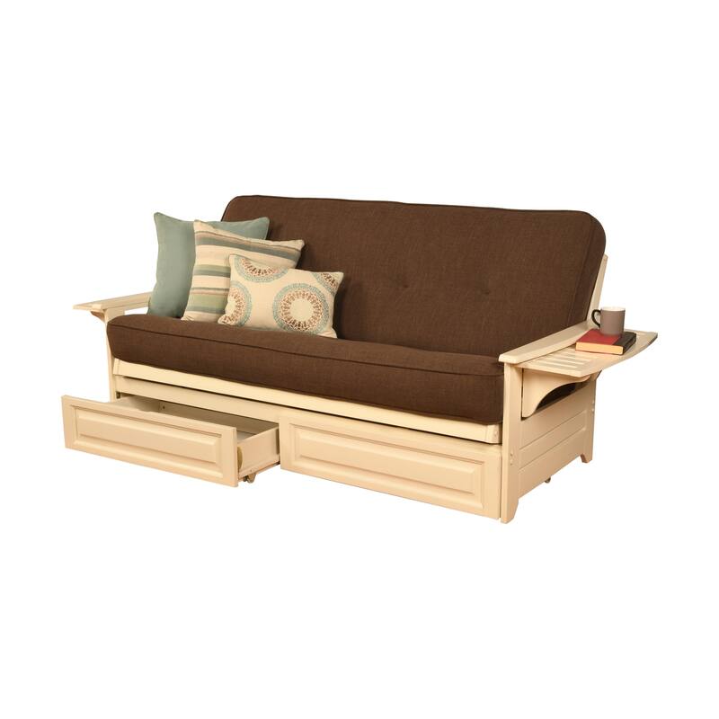 Somette Phoenix Futon Set in Antique White Wood with Innerspring Mattress and Storage Drawers