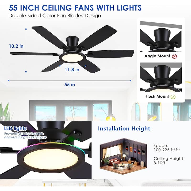 52 Inches RGB Flush Mount Ceiling Fan with Light,Reversible DC Motor for Bedroom Living Room Patio - 52 Inches