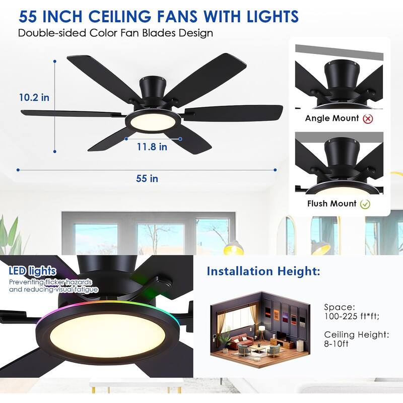 54 Inch Flush Mount Low Profile Ceiling Fan with Light,Remote and App Control - 54 Inches