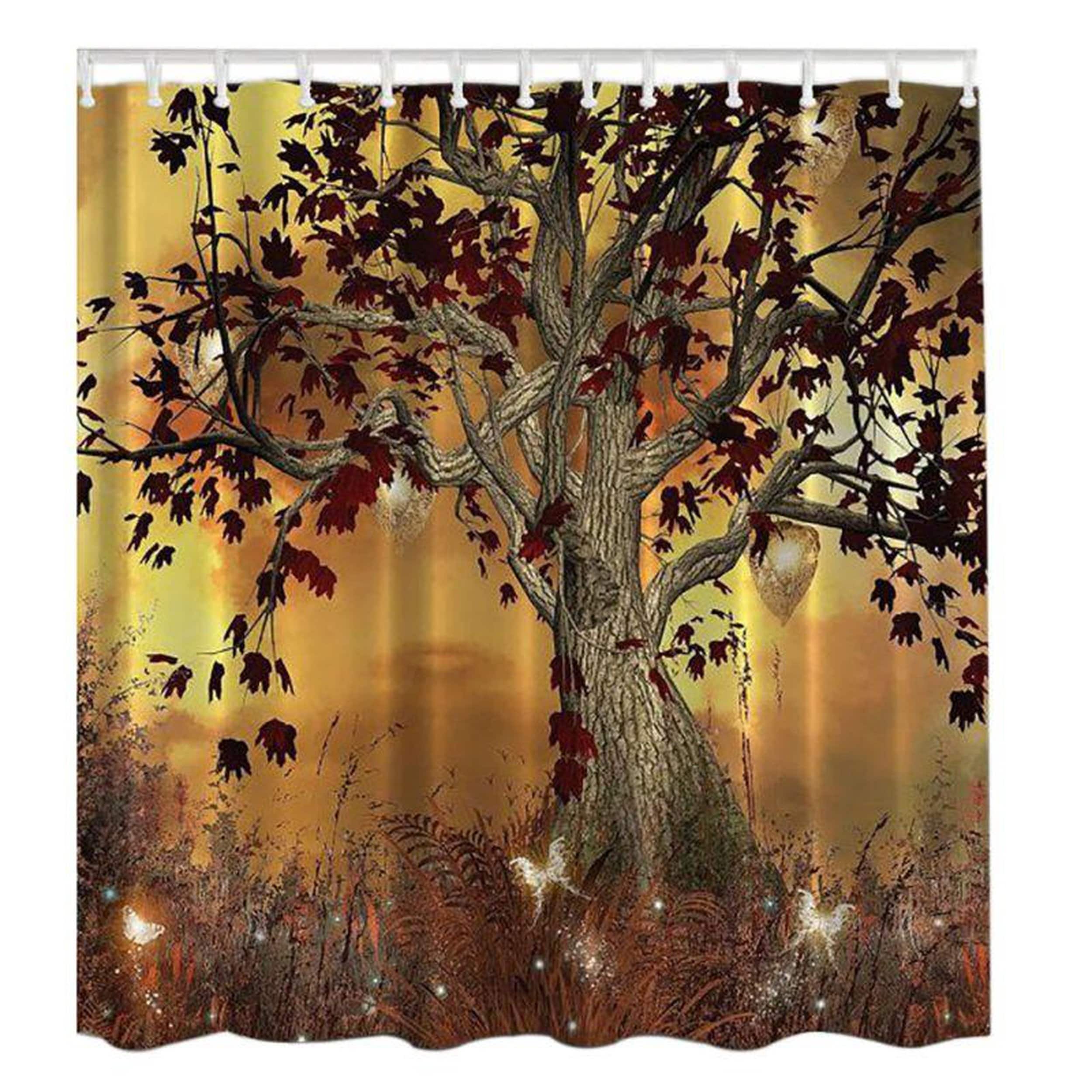 Shower Curtain With 12 Hooks Beautiful Butterfly Trees Waterproof Bathroom