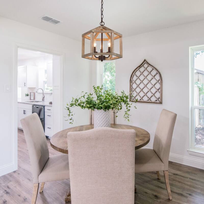 Farmhouse 3-Light Wood Chandelier Lantern Pendant Light for Kitchen Island Foyer