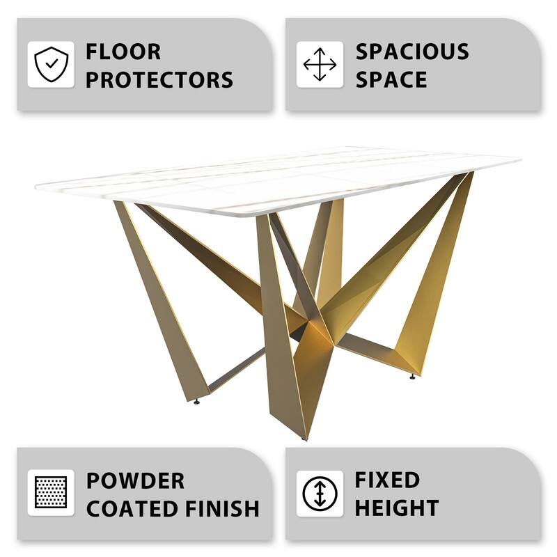 Nuvor Rectangular Sintered Stone or Glass Tabletop Dining Table with Powder-Coated Gold Steel Base for Kitchens & Dining Rooms