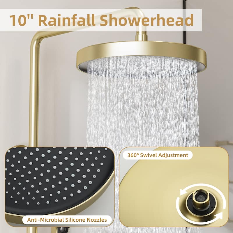 Modland 3-Function 11" Rainfall Shower System, Adjustable Slide Bar, 1.59GPM, Brushed Gold/Chrome