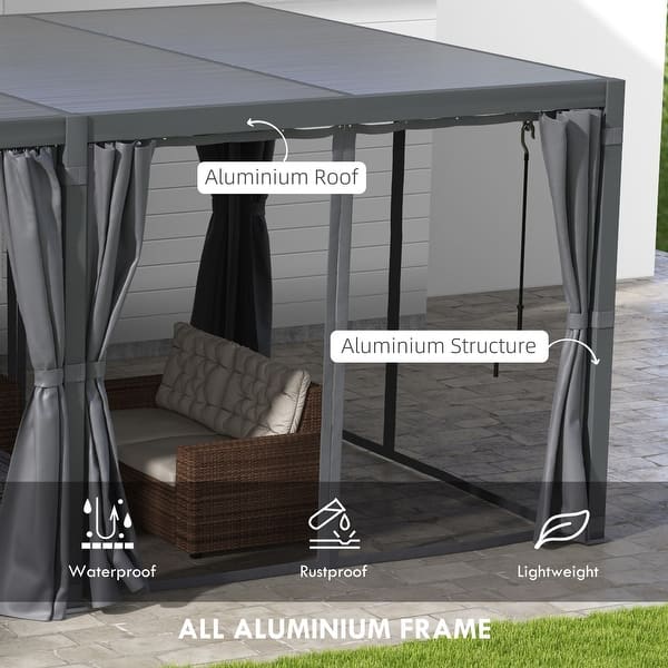 dimension image slide 1 of 2, Outsunny 12' x 19' Louvered Pergola Hardtop Gazebo with Adjustable Aluminum Roof and Frame, Outdoor Pergola with Curtains