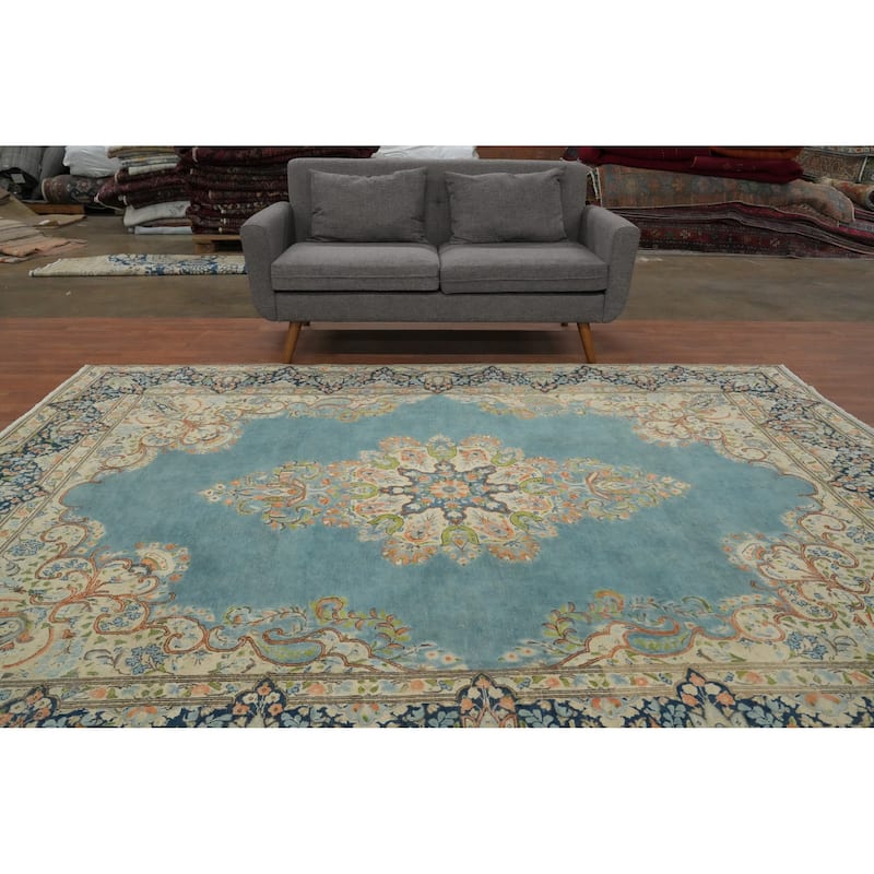 Hand Knotted Oriental 100% Wool Carpet Traditional Floral Navy Blue & Blues Kerman Area Rug - 10' 1'' X 7' 5''