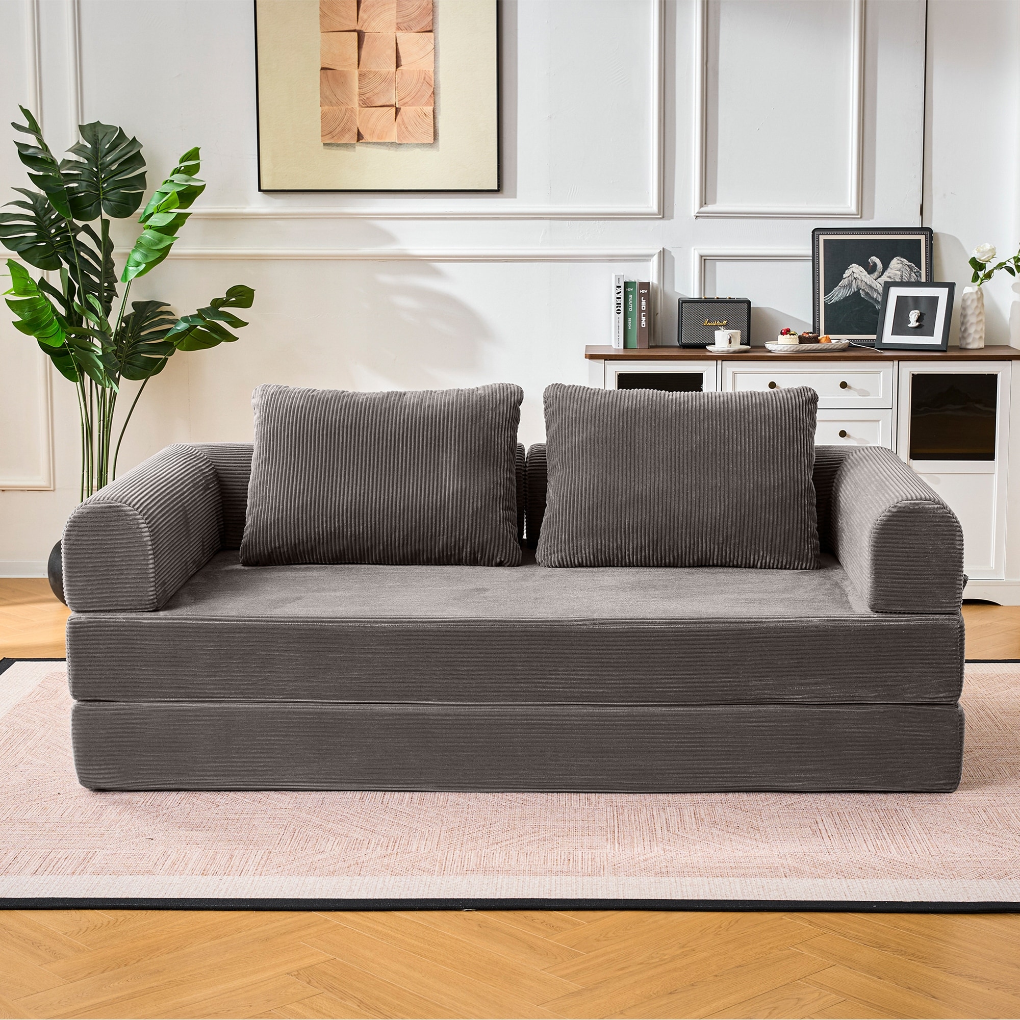 Convertible Sleeper Sofa Bed with Cylindrical Pillow, Modern Corduroy 2 Seat Cushion Sofa with Fixed-Shape Frame for Living Room