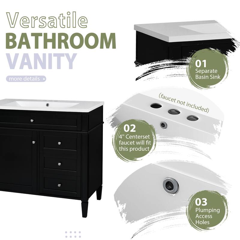 Freestanding Bathroom Vanity & Wall Mounted Mirror Cabinet Set with Resin Sink, Open Shelves, Drawers and Adjustable Shelves