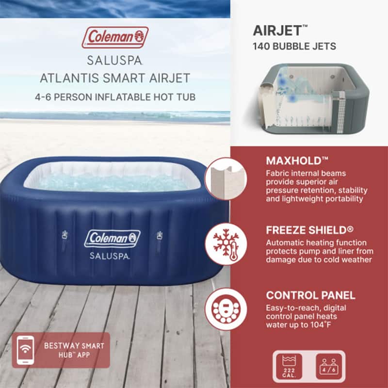 Coleman SaluSpa Atlantis AirJet Inflatable Hot Tub with 140 Soothing Jets, Blue - 71in. X 71in. X 28in.