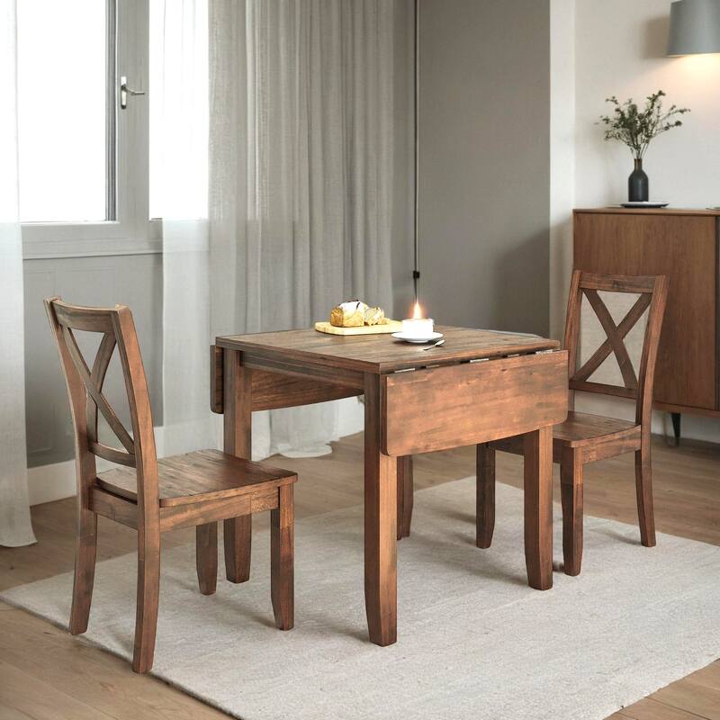 3-Piece Wood Drop Leaf Breakfast Nook Dining Table Set with 2 X-back Chairs for Small Places - Brown