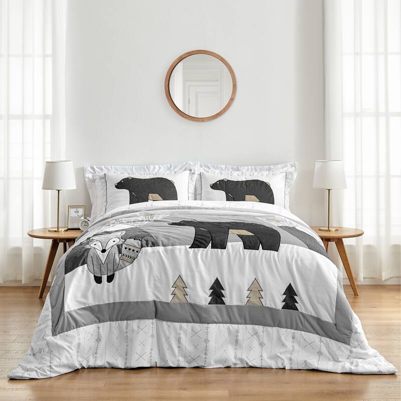 Sweet Jojo Designs Beige Grey Boho Mountain Animal Woodland Forest Friends Collection Unisex Boy or Girl 2-pc Twin Comforter Set