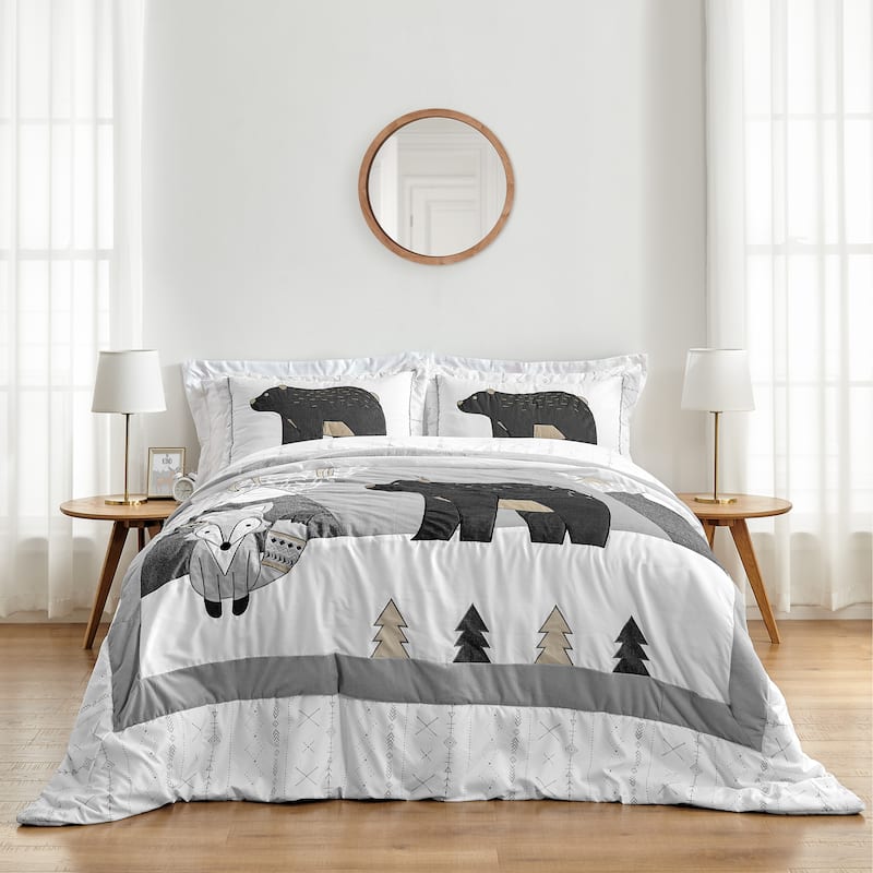 Sweet Jojo Designs Beige Grey Boho Mountain Animal Woodland Forest Friends Unisex Boy or Girl 3-pc Full/Queen Comforter Set