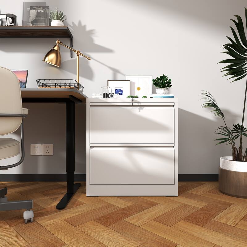 Modern Side-Pull File Cabinet, Wide Horizontal Filing Cabinet with Lock, 2 Drawers, Silent Slides, for Home Office, White