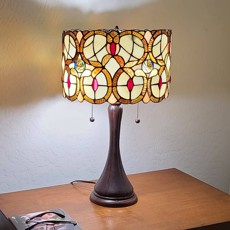 Tiffany Style Table Lamp Floral 21" Tall Stained Glass Tan Decor Night Stand Bedroom Handmade Gift AM335TL10 Amora Lighting