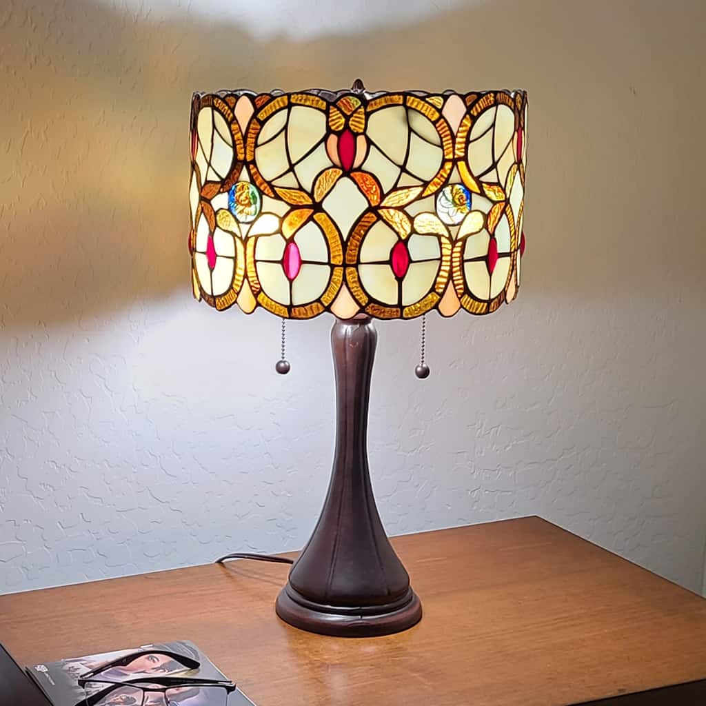 Tiffany Style Table Lamp Floral 21" Tall Stained Glass Tan Decor Night Stand Bedroom Handmade Gift AM335TL10 Amora Lighting