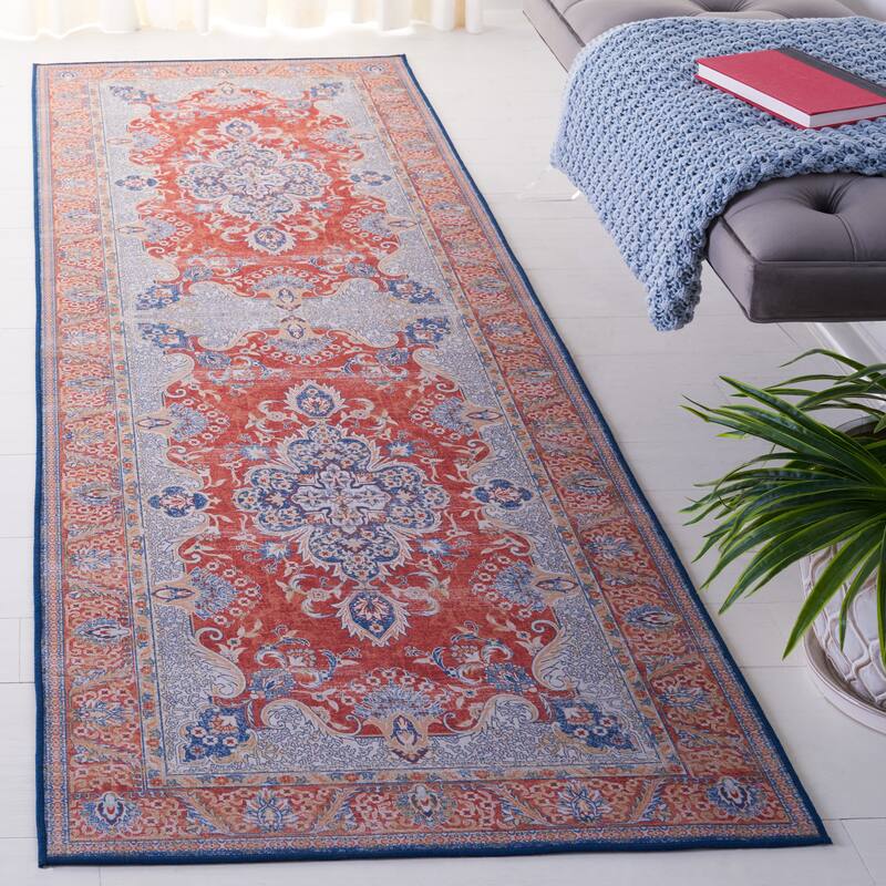 SAFAVIEH Tucson Machine Washable Slip Resistant Mintie Oriental Rug - 2'6" x 8' Runner - Rust/Blue