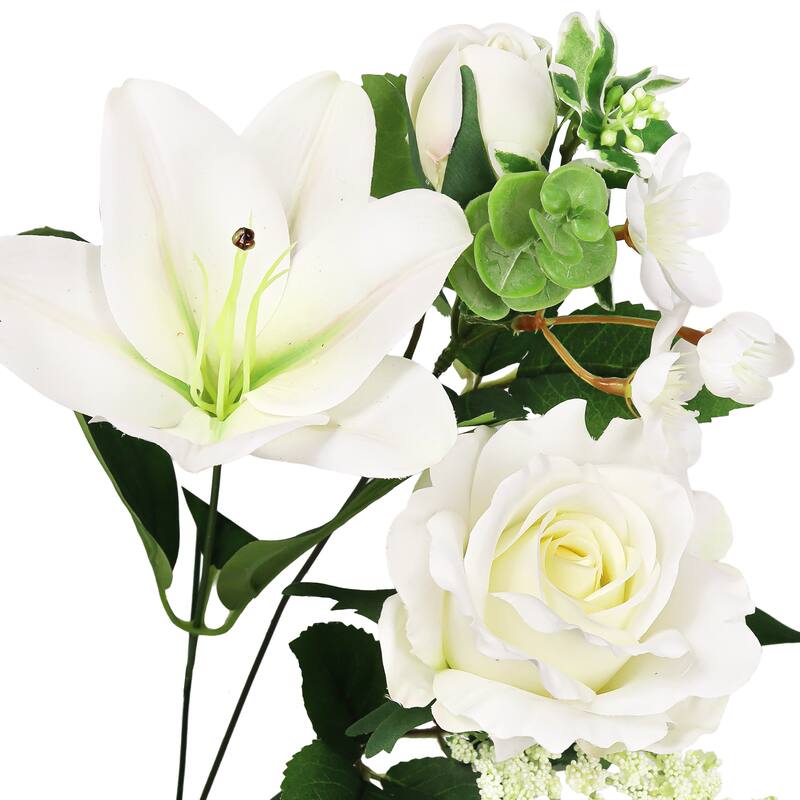 Set of 2 Cream White Artificial Mixed Rose Lily Blossom Flower Stem Bush Bouquet 20in - 20" L x 13" W x 13" DP