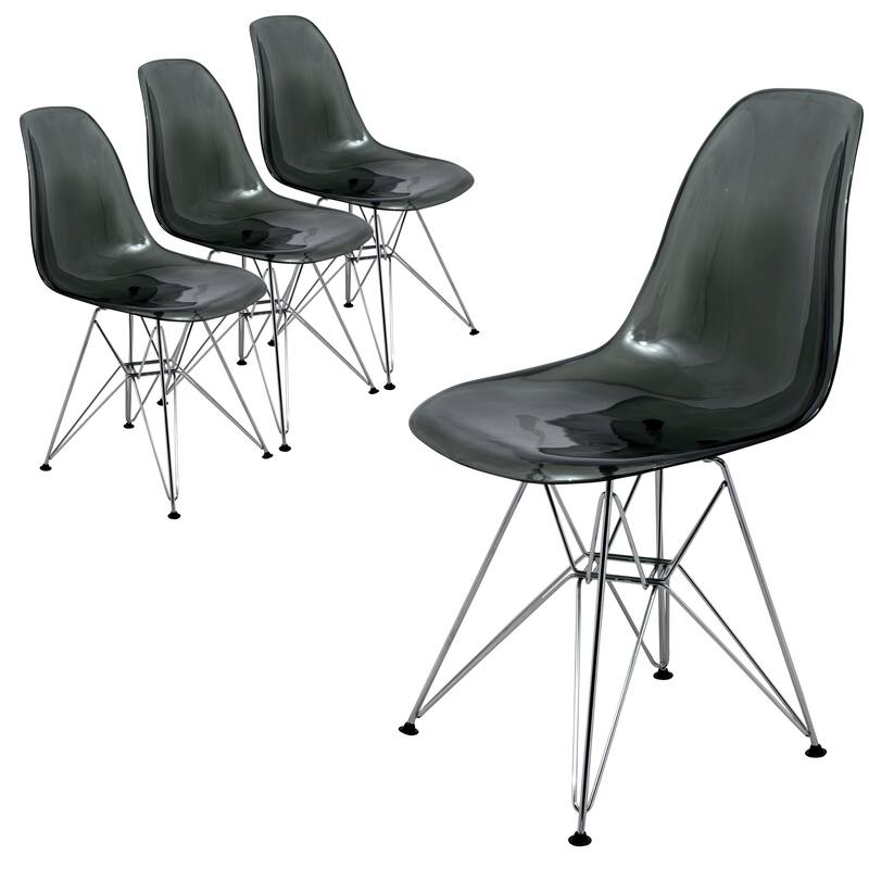 Cresco Ergonomic Modern Shell Seat Dining Chair with Chrome Eiffel Base and Curved Back Accent Side Chair (Set of 4) - Transparent Black