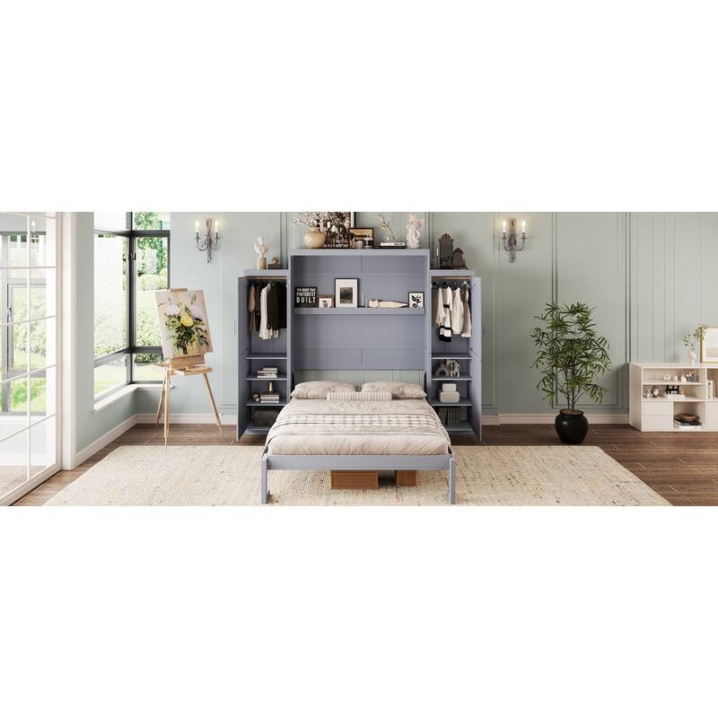 Queen Size Murphy Bed, Wooden Queen Wall Bed with 2 Wardrobe and Storage Shelf, Multifunctional Foldable Platform Bedframe