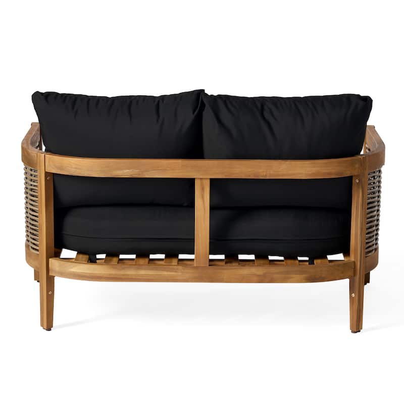 Burchett Outdoor Acacia Wood and Wicker 4 Seater Chat Set with Cushions by Christopher Knight Home