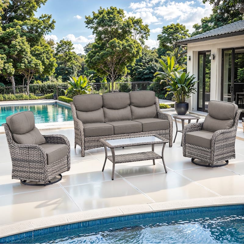 Gymojoy 5-Piece Patio Furniture Set with Swivel Glider Chairs, 6-Inch Ultra-Plush Cushions & Water-Resistant Olefin Fabric - Grey Wicker / Grey Cusion - 5-Piece