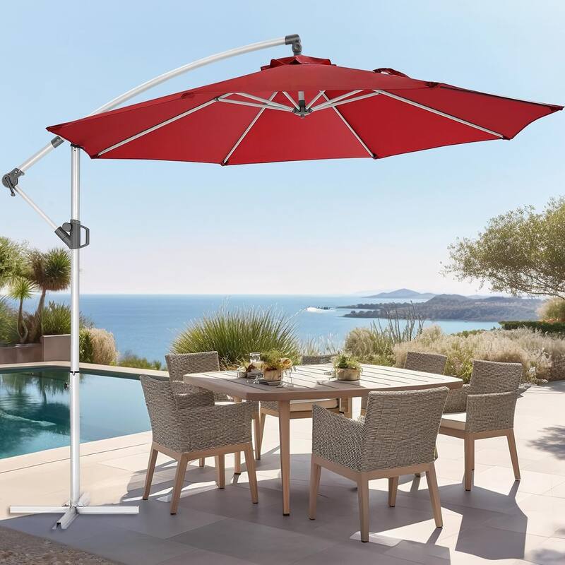 10 ft. Metal Offset Hanging Cantilever Patio Umbrella with Easy Tilt and Crank for Pool Deck - Red-1 Tier