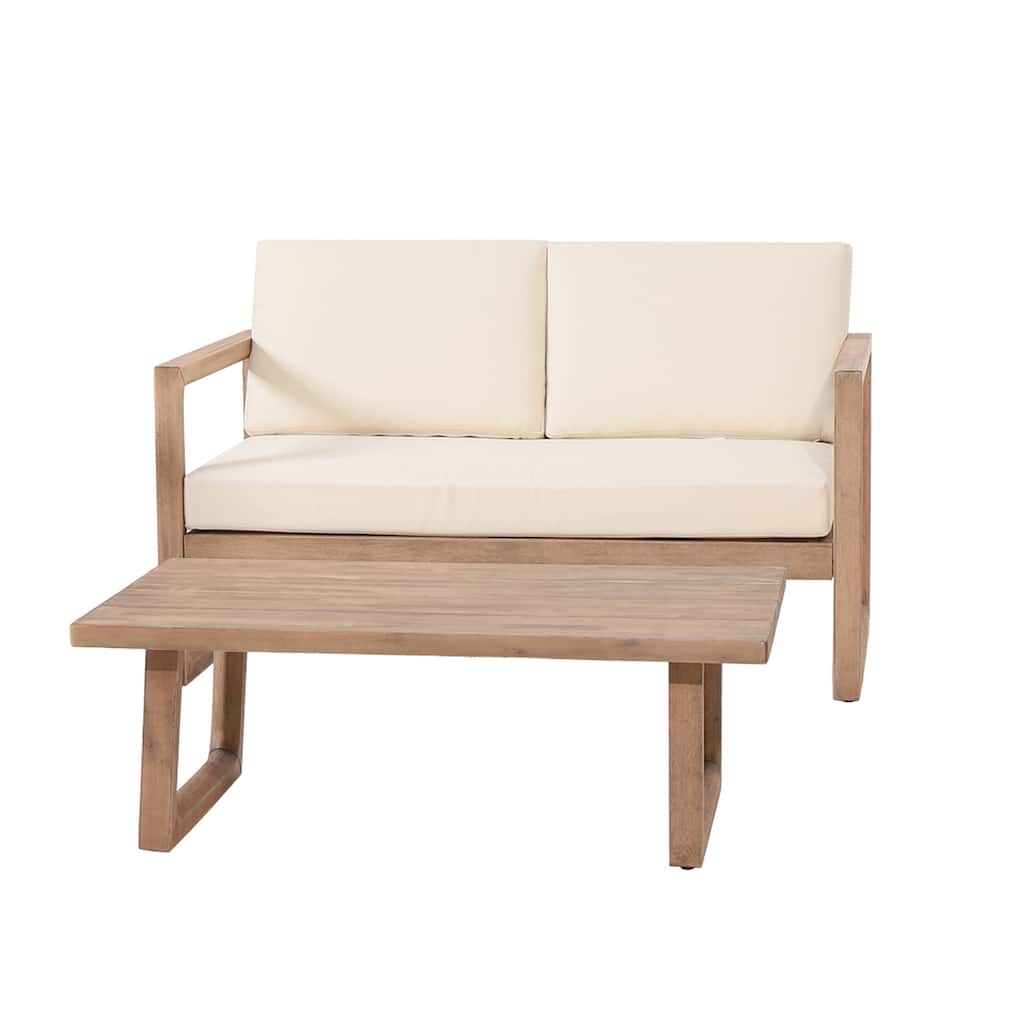 Stefan Acacia Wood Outdoor Loveseat and Coffee Table Set with Cushions by Christopher Knight Home