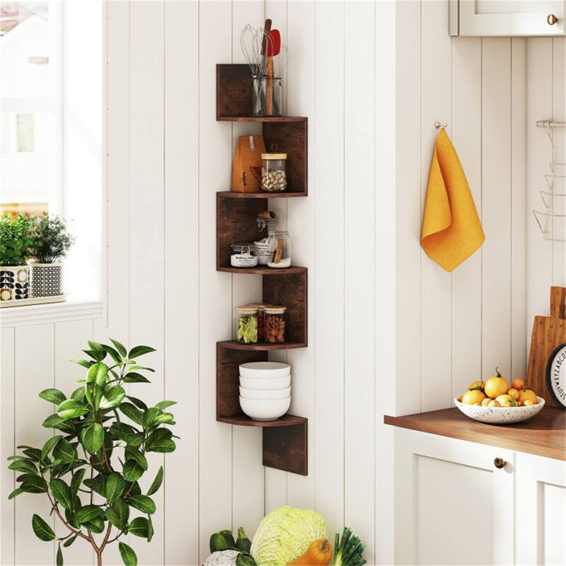5-Tier Floating Corner Shelf Wall Mounted Organizer for Living Room Bedroom or Kitchen - 8" x 8" x 50"