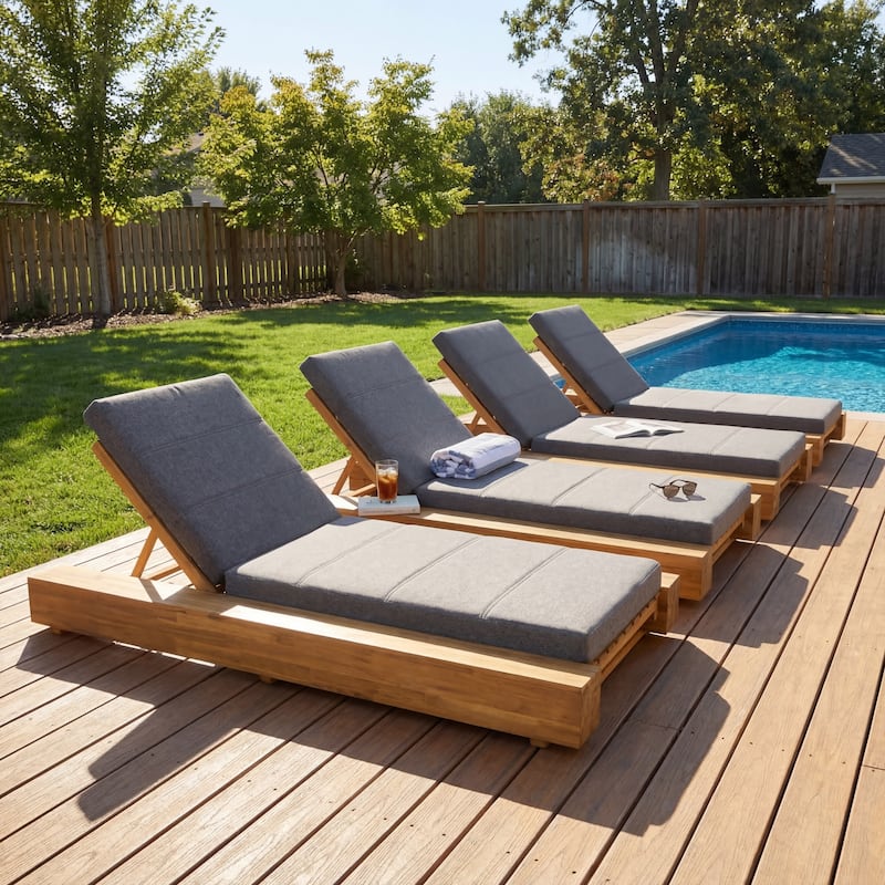 Christopher Knight Home - Amedea Outdoor Acacia Wood Chaise Lounge with Adjustable Backrest & Water-Resistant Cushion - Set of 4-Grey+Teak Finish