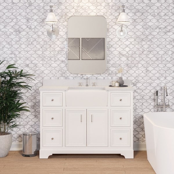 slide 1 of 32, KitchenBathCollection Zelda 48" Farmhouse Bathroom Vanity with Quartz Top White