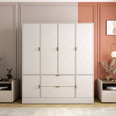 63"W Family 6-Door Wardrobe Armoires Closet 2 Drawer Storage Paint White - N/A