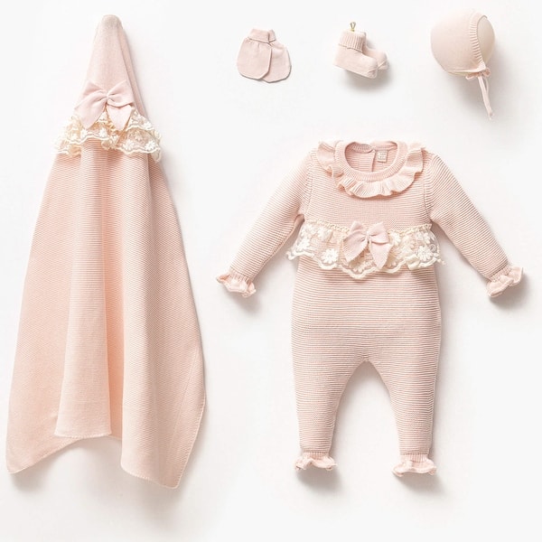 slide 2 of 3, Newborn Baby Girl Homecoming First Outfit Knitwear with Lace and Bow Details Pink