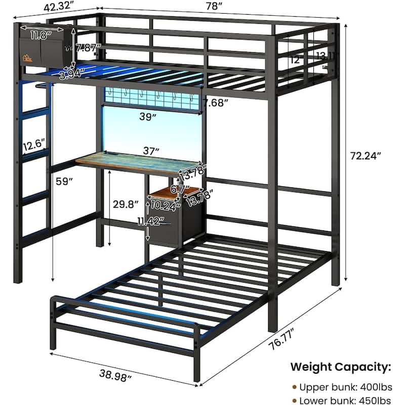 Bunk Bed Twin Over Twin Size with Desk Charging Station L-Shaped Metal