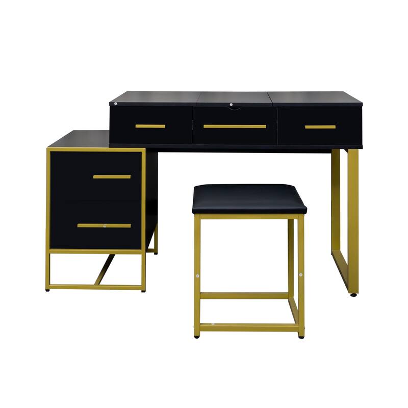 Vanity Desk with Flip Top Mirror, Large Wooden Dresser Table, Makeup Vanity Set with 4 Storage Drawers and Cushioned Stool