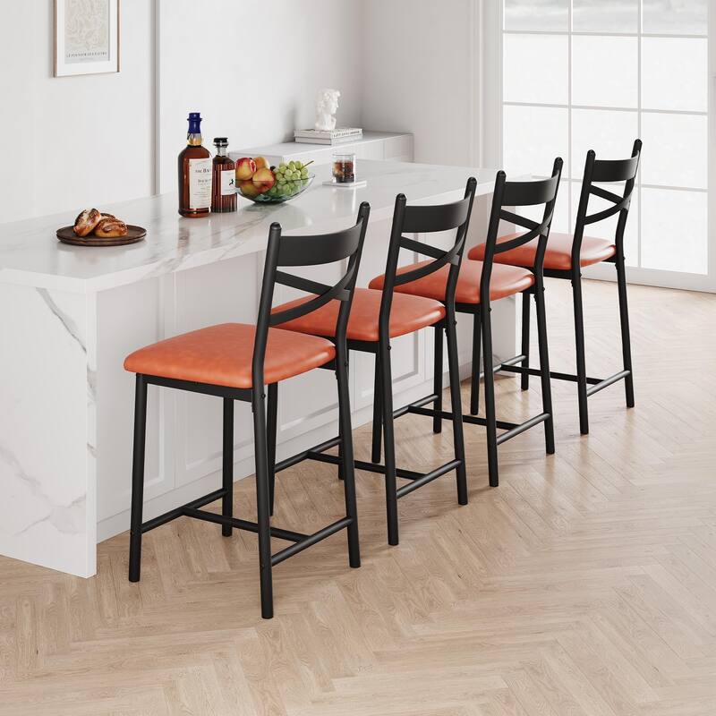 Metal Counter Height Bar Stools with X-Back & PU Leather Cushion, Waterproof Dining Chairs for Kitchen or Restaurant