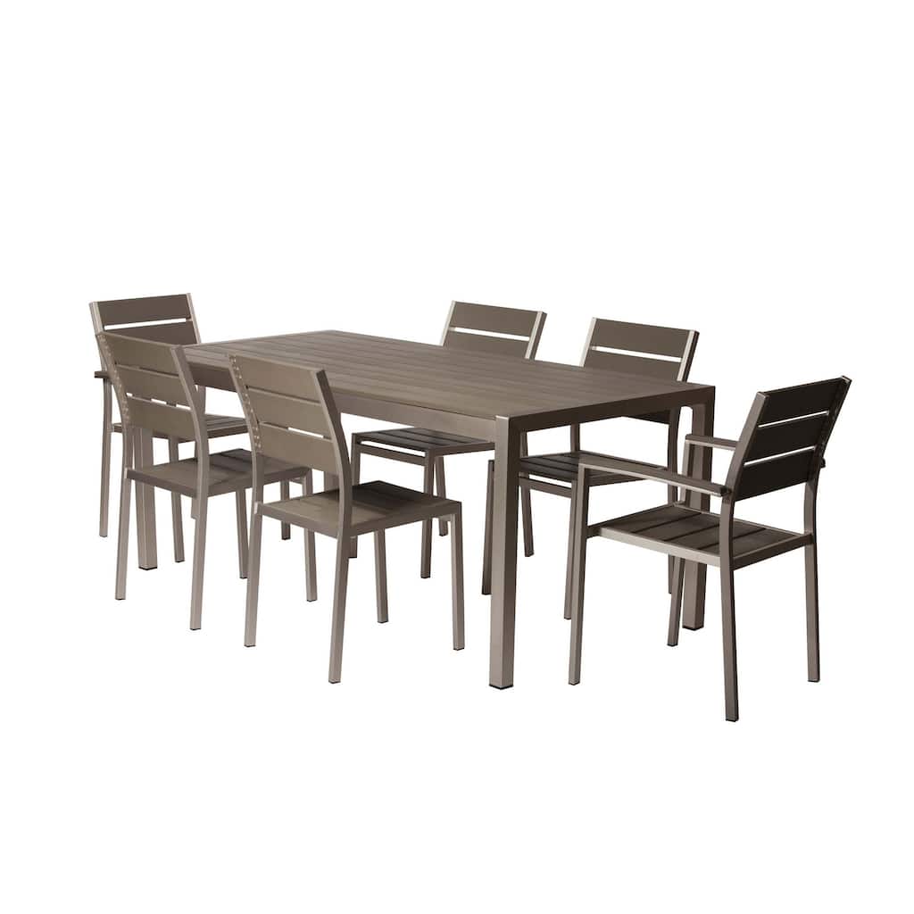 Cora 7 Piece Outdoor Dining Table, Chairs Set, Gray, Plank Seats and Backs