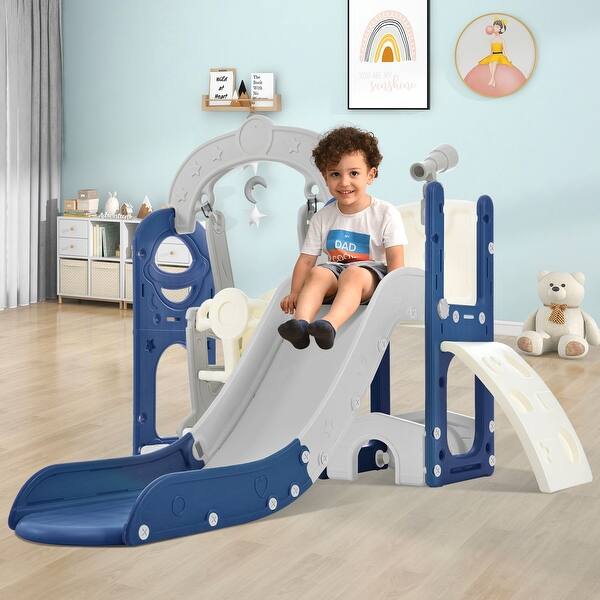 slide 2 of 45, Toddler Slide and Swing Set 5 in 1, Kids Playground Climber Slide Playset with Telescope, Freestanding Combination for Babies Grey+Blue