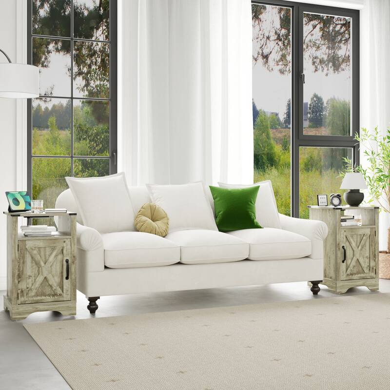 Rustic Wooden Nightstand with Charging Station, 2 Sets, Light Gray