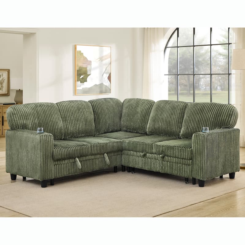 Corduroy Modular Sectional Sleeper Sofa with Pull-Out Bed & Storage, 2-in-1 Convertible Upholstered Sofa Bed with USB Port - Olive Green