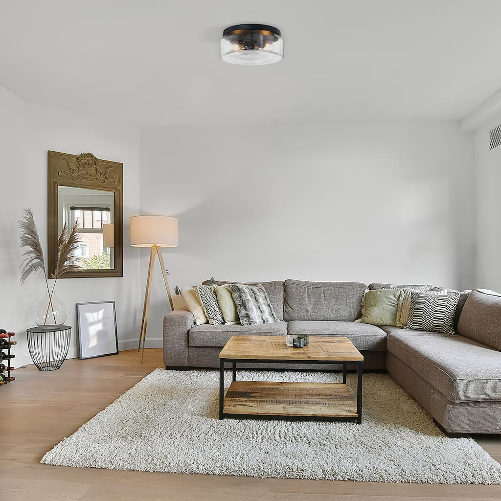 Rose Marie 13 in. 2-Light Matte Black Mid-Century Modern Semi Flush Mount with Clear Rippled Glass Shade for Bedrooms