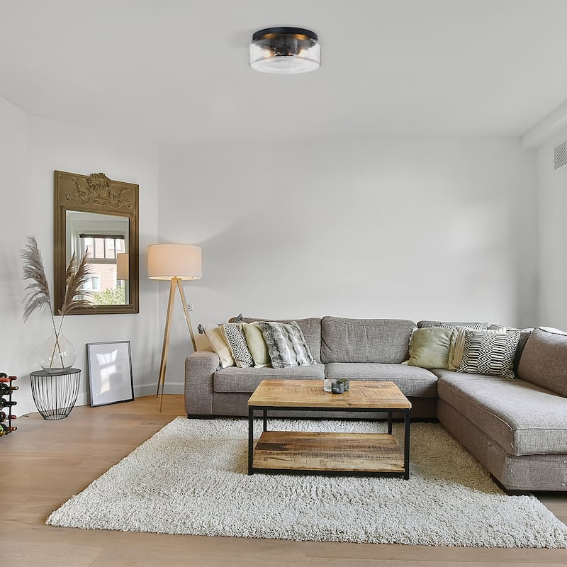 Rose Marie 13 in. 2-Light Matte Black Mid-Century Modern Semi Flush Mount with Clear Rippled Glass Shade for Bedrooms