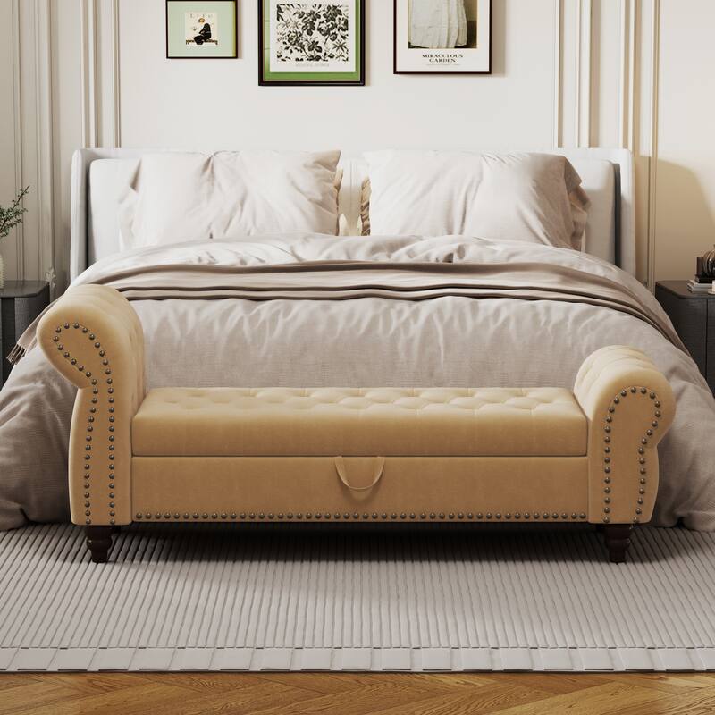 64.5" Bed Bench for Bed Room Nails Tufted Chaise of Lounge with Storage