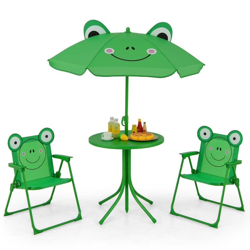 4 Pieces Kids Picnic Set with 2 Folding Chairs and Height Adjustable Umbrella-Light Green