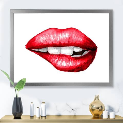 Designart "Sexy Plump Puffy Woman Lips Biting" Modern Framed Art Print