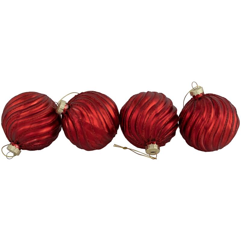 Glittery Swirls Glass Christmas Ball Ornaments - 3" (80mm) - Red - 4ct