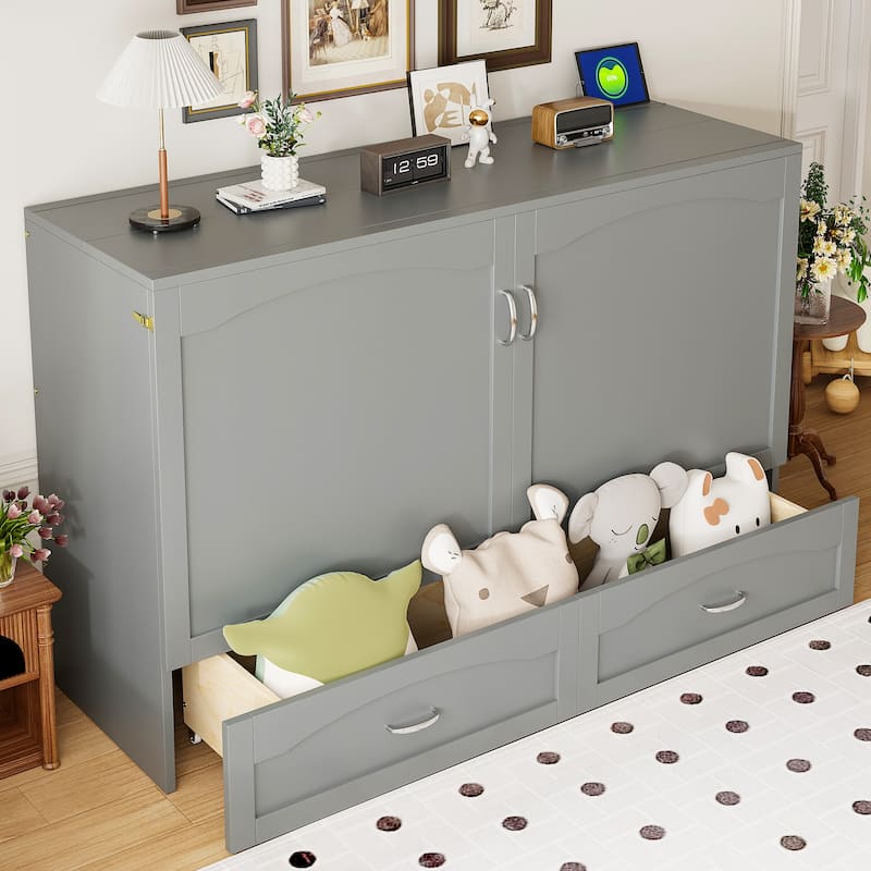 Folding Murphy Bed Queen Size Wall Cabinet Bed with Storage Drawer, Charging Station and Pulley Structure Design