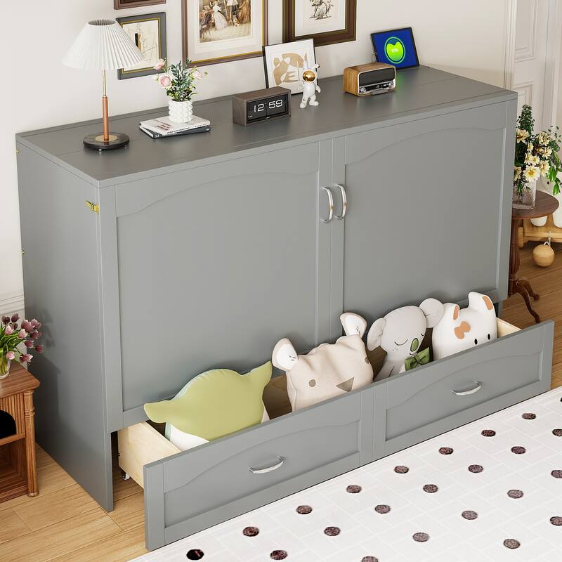 Queen Size Murphy Bed with USB Ports, Drawers, and Pulley Structure Design