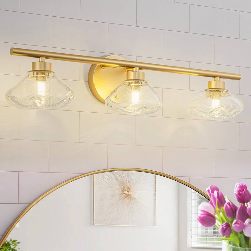 3-Light 24.4" Modern Black/Gold Bathroom Vanity Light with Stone-Shaped Seed Glass Shades - Clear/Gold