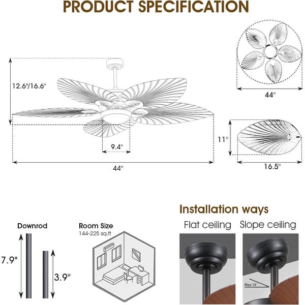 44"/52" Palm Leaf Tropical Ceiling Fan with Light and Remote,Indoor and Outdoor Ceiling Fan,Waterproof