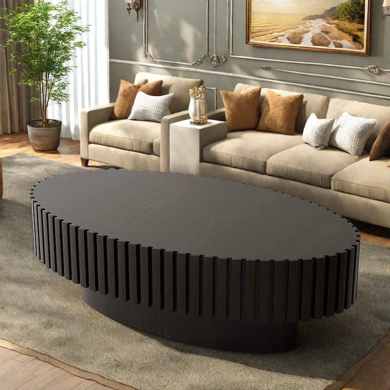 43.31" MDF Modern Coffee Table with Handcrafted Solid Wood Reliefs, Easy Assembly - Black