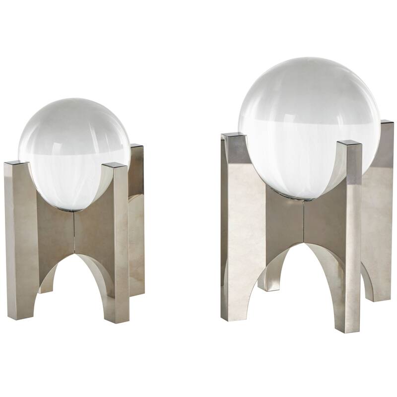 Silver Glass Orb Sculpture with X Shaped Holder (Set of 2)
